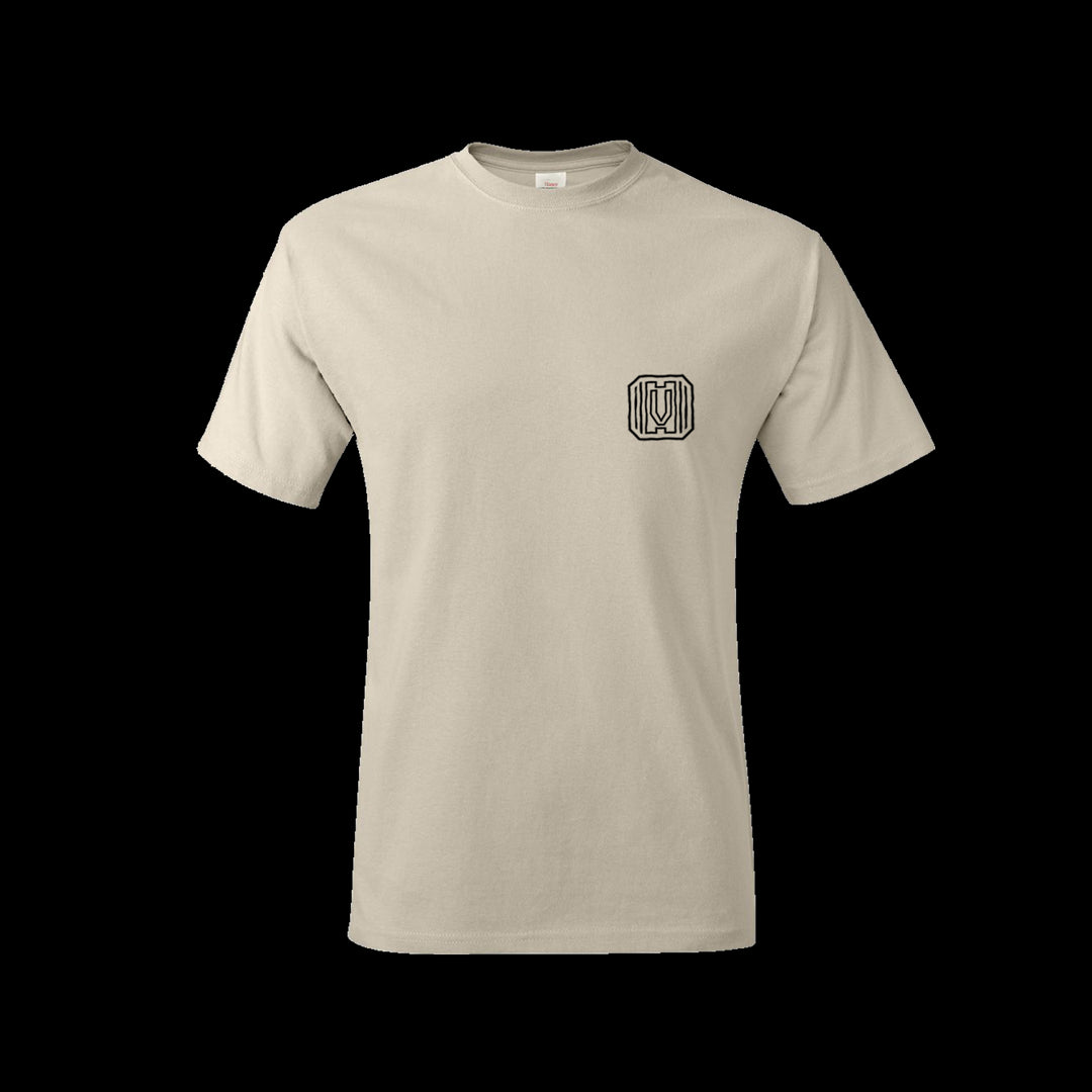 Front side of the off white Vindicated Tee Shirt with black Vindicated logo on the left chest