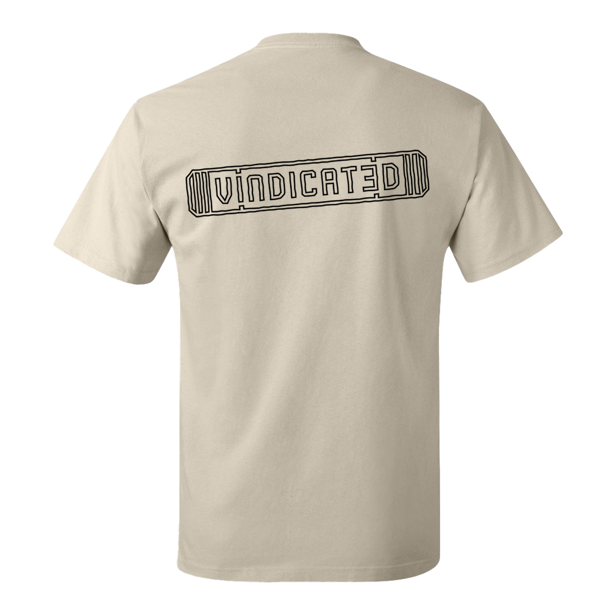 Backside of the off white Vindicated tee shirt with "Vindicated" in black across the middle of the back inside a skateboard