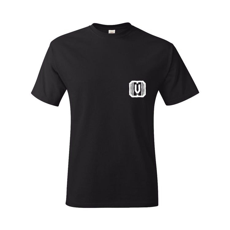 Front side of the black Vindicated Tee Shirt with white Vindicated logo on the left chest