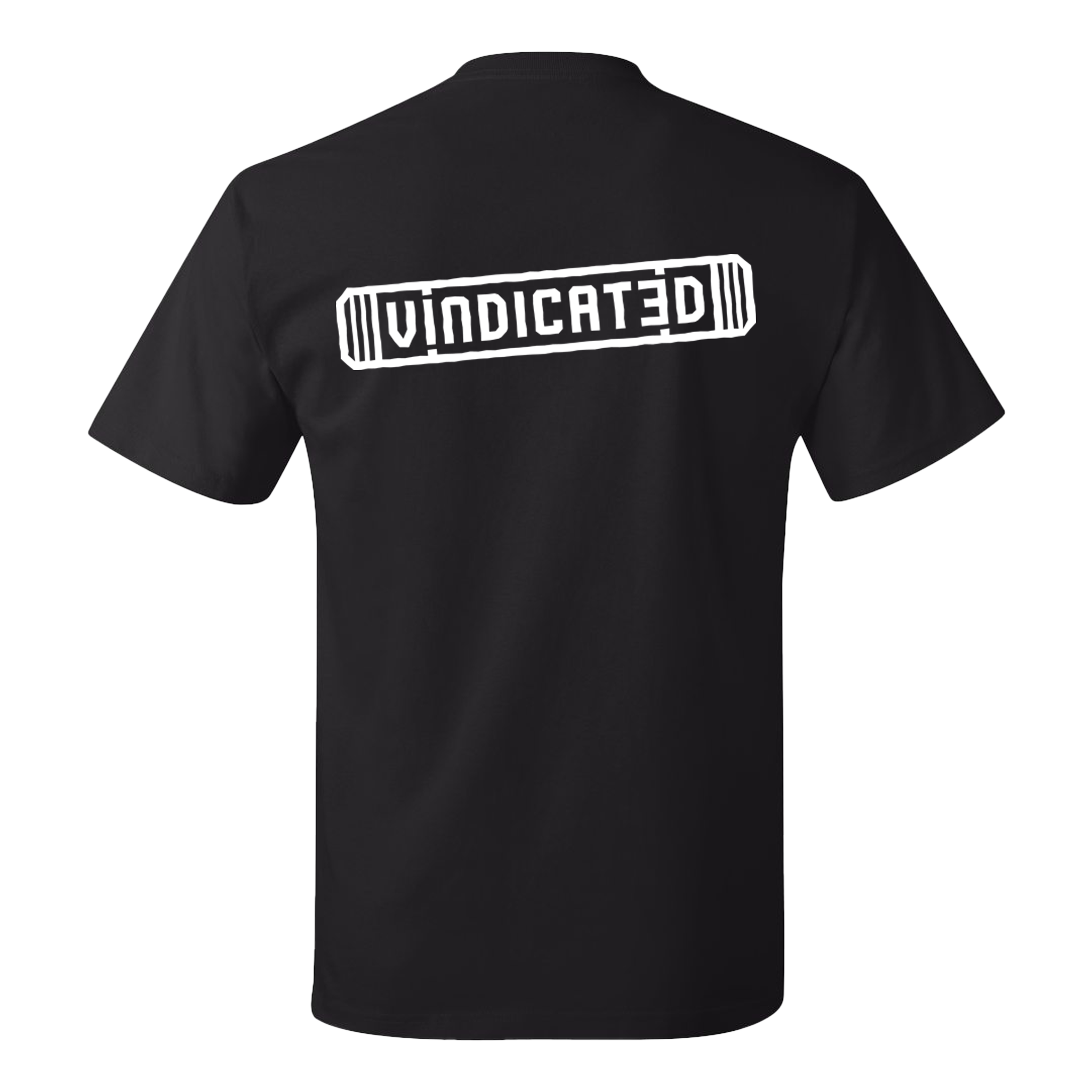 Backside of the Black Vindicated tee shirt with "Vindicated" in white across the middle of the back inside a skateboard